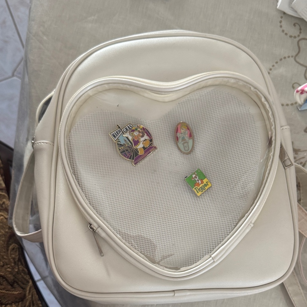 White Mini Backpack with Heart Front‎ - pin backpack